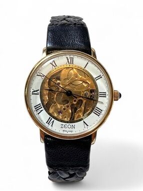 Vintage Men’s Zeon Gold Skeleton Dial Watch with Black Leather Strap